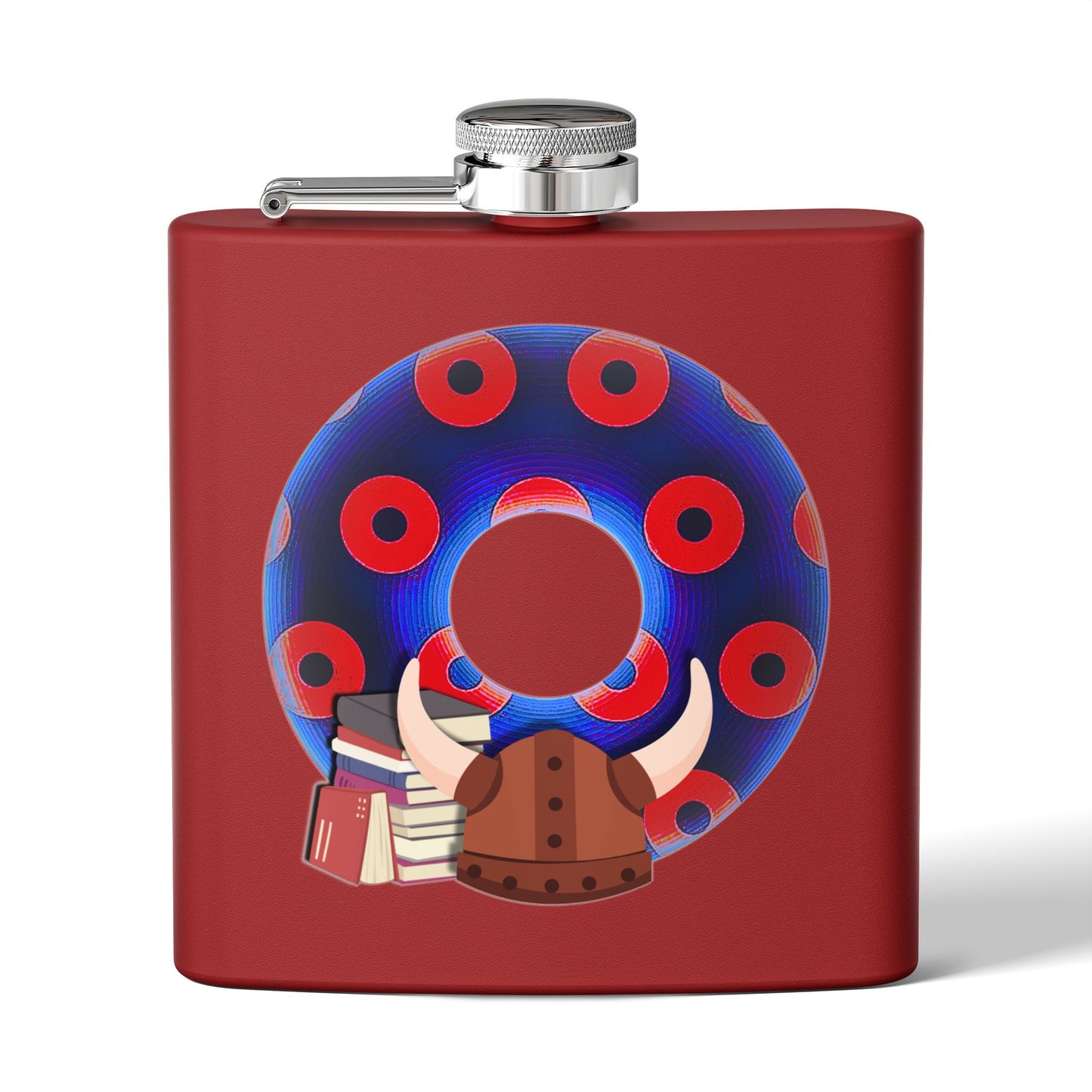Lump's Donut Flask 6 oz -  "Vlad's Impaling Flask" - blue/red blimpy paradox donut - [*w/your choice of 5 backgrounds]