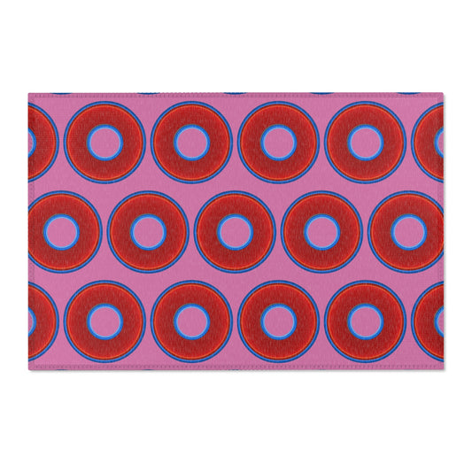 Lumpy Donut Print Rug - choice of 3 sizes - vivid red donut print w/pink background