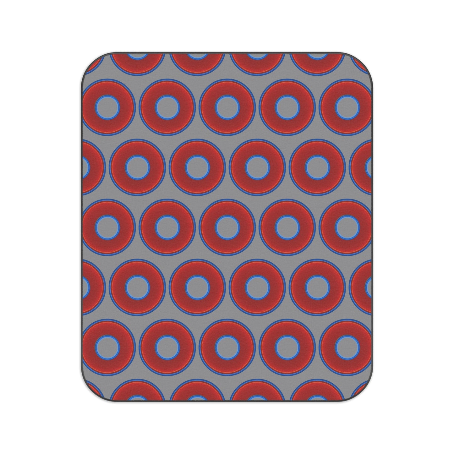 The Lumpy Party Blanket - giant water-resistant outdoor blanket [61" x 51"] - vivid red donuts w/gray background