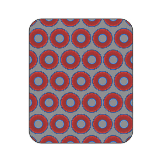 The Lumpy Party Blanket - giant water-resistant outdoor blanket [61" x 51"] - vivid red donuts w/gray background
