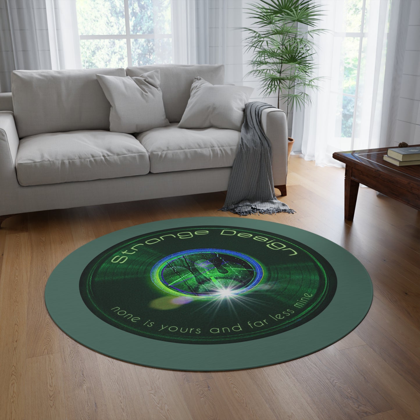 Round Room - 5 ft x 5 ft Lumpy Donut Rug - "Strangely Designed Donut Rug" - vivid green word donut w/light Fenway green background