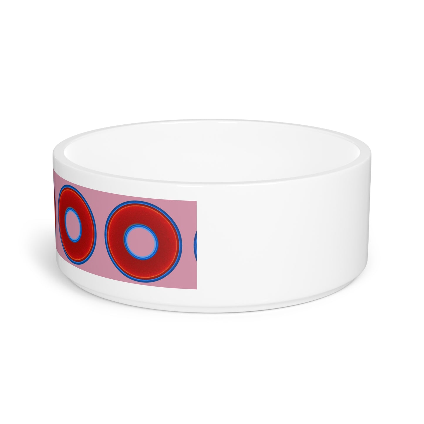 16 oz Lumpy Pet Bowl - vivid red donuts w/pink background