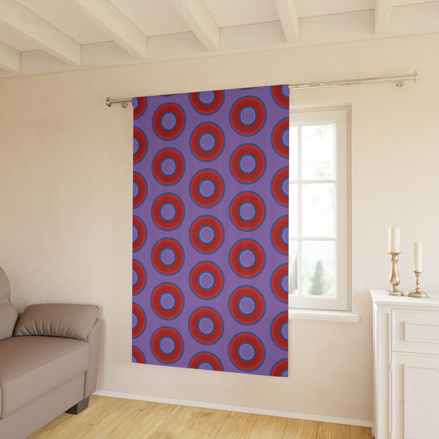Lump's Heady Curtain w/Donuts - vivid red donut print - w/light purple background - [*1 Piece / 50" x 84"]