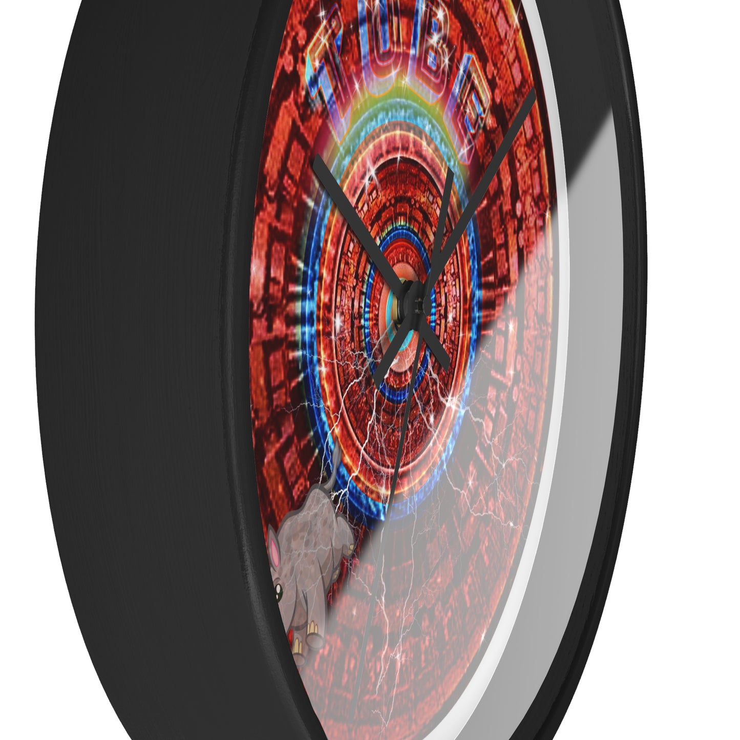 Lumpy Wall Clock - "Rhinos Do Run From Thunder" -  red tube donut w/white background