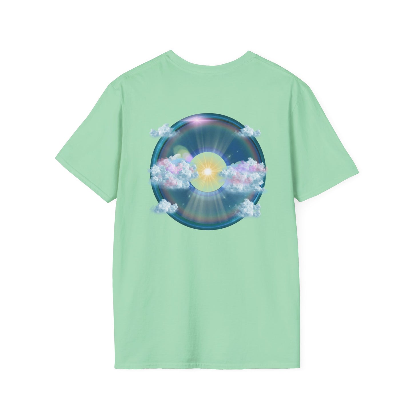 Classic Donut Tee - Unisex Soft-Style - "The Divided Donut" - variant 2 - blue donut  w/hole & sun [*50% to The Divided Sky Foundation]