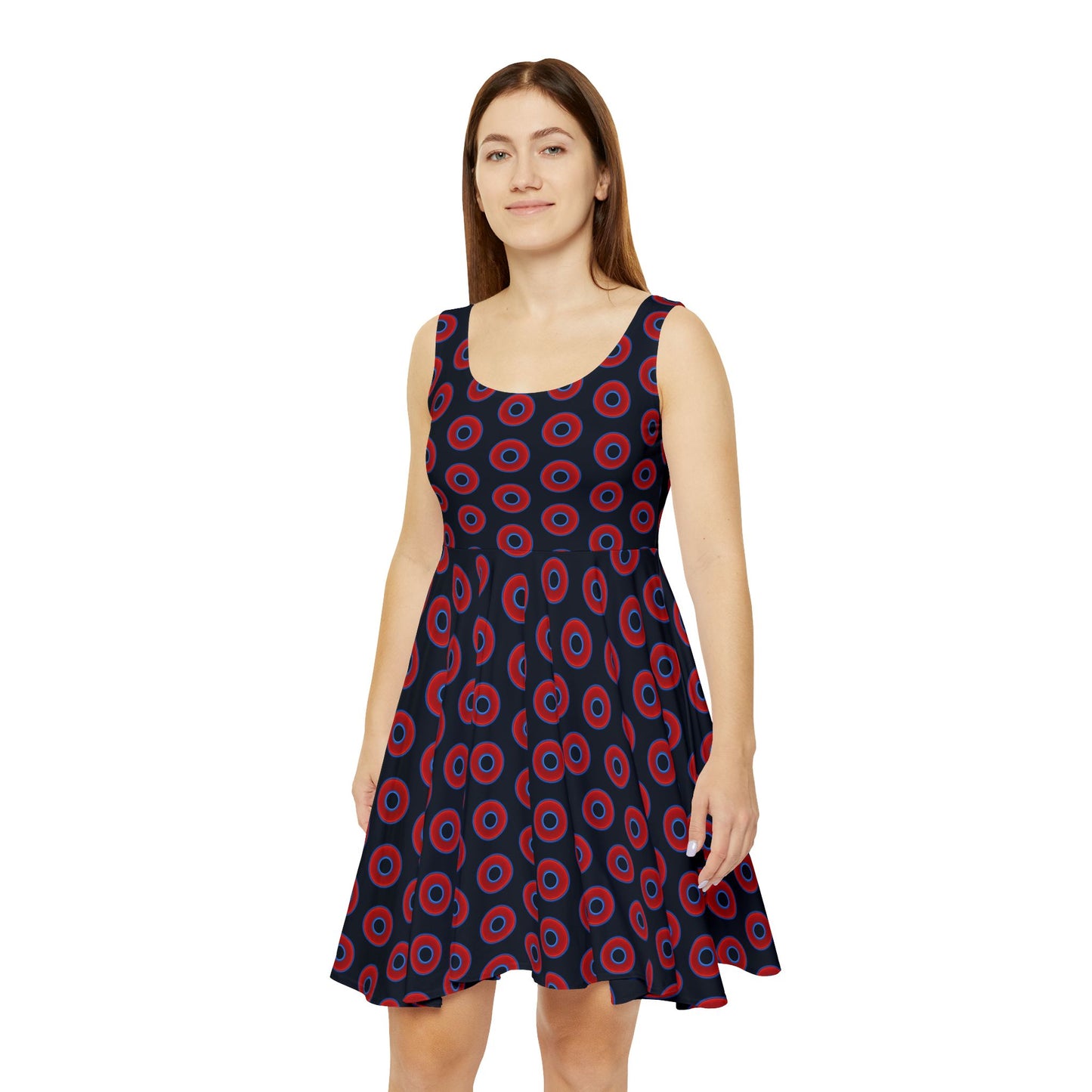 Women's Skater Donut Dress - vivid red donut print w/blue charcoal background