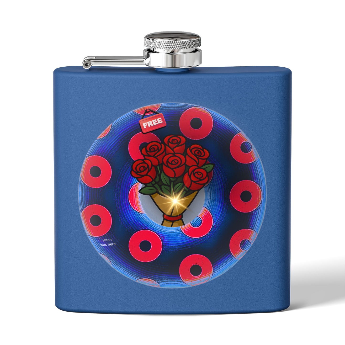 Lump's Donut Flask 6 oz -  "Donuts R Phree" - red/blue rustic donut - [*w/your choice of 6 backgrounds]