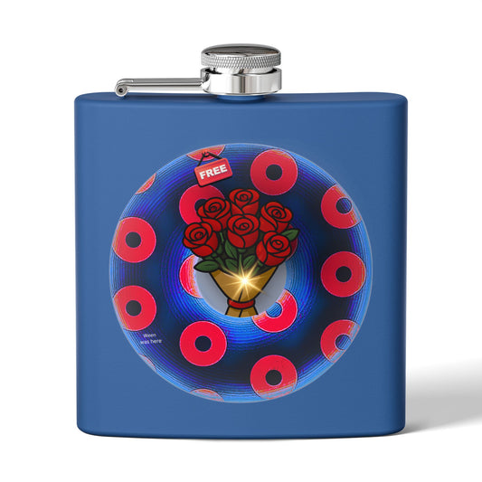 Lump's Donut Flask 6 oz -  "Donuts R Phree" - red/blue rustic donut - [*w/your choice of 6 backgrounds]