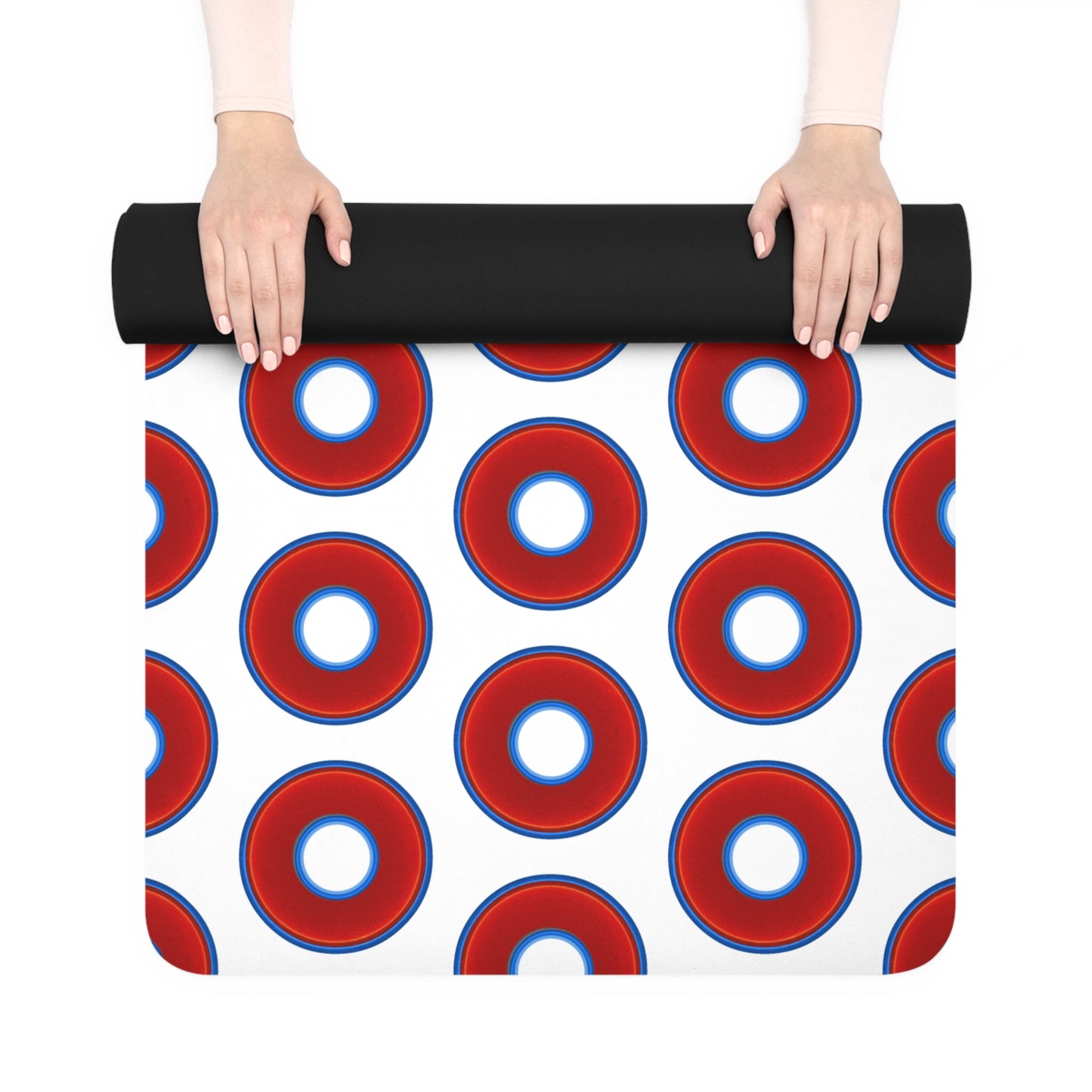 Lumpy Donut Yoga Mat :) - 24″ x 70" - vivid red donut print w/white background