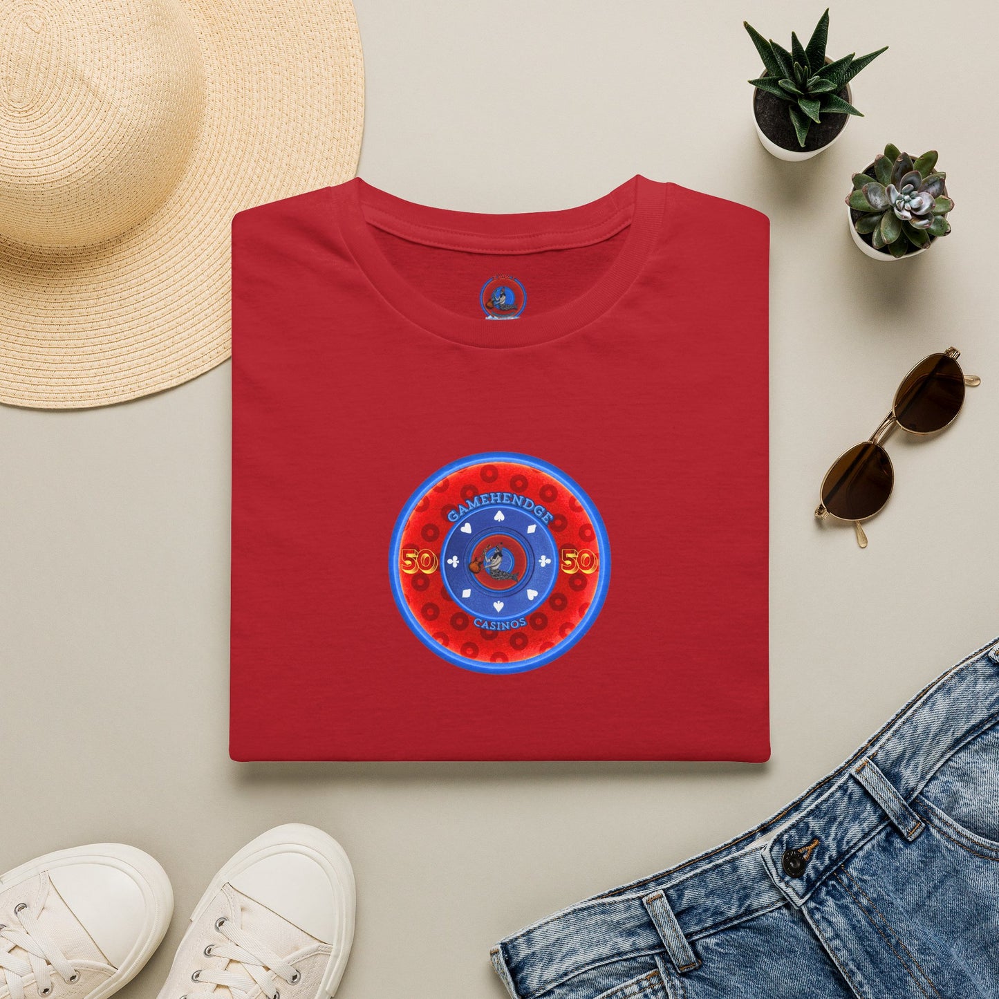 Classic Donut Tee - Unisex Soft-Style - "Phishy Chips" - vivid red/blue widemouthed paradox donut