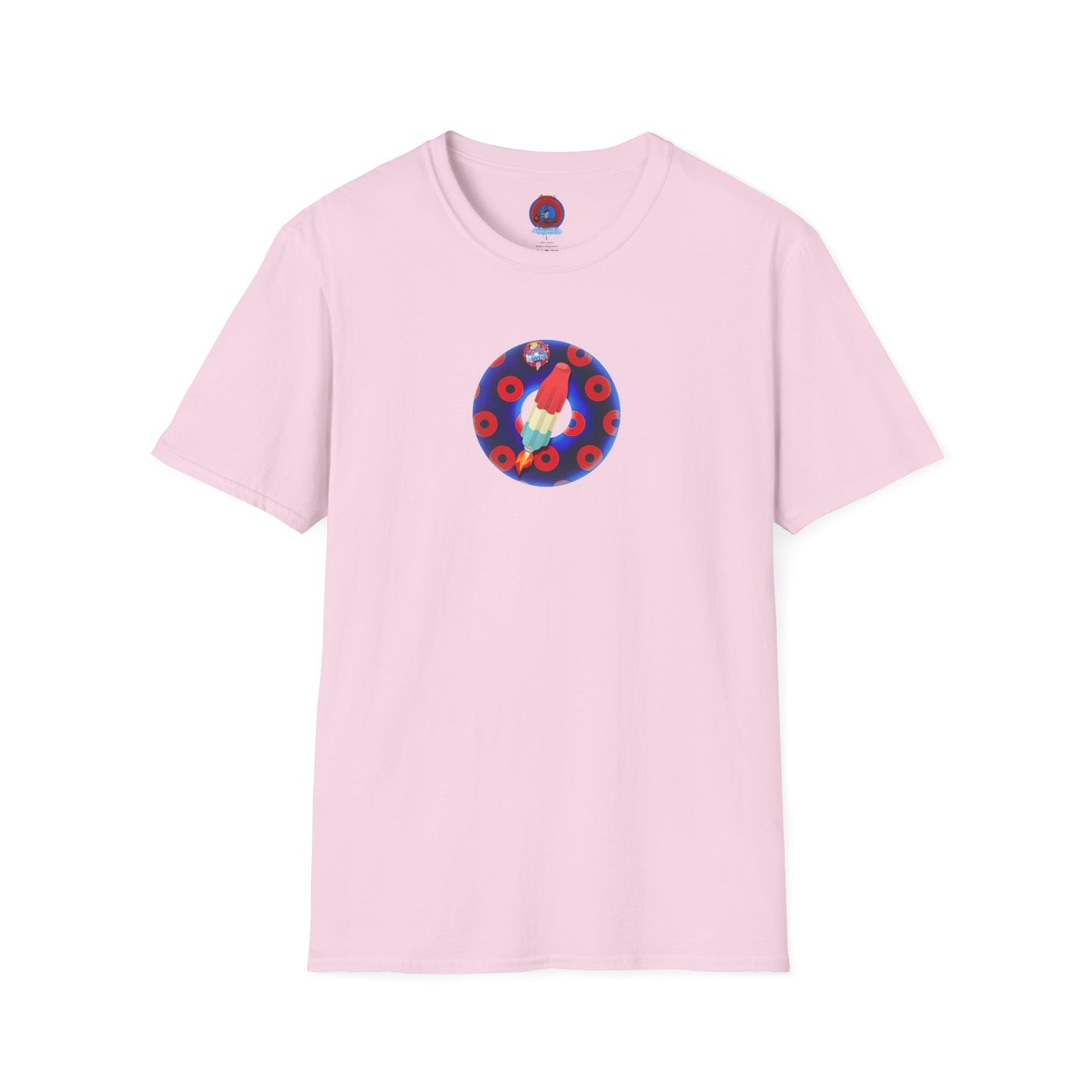 Classic Donut Tee - Unisex Soft-Style - "Blow this Popsicle Stand" - blue/red paradox bomb pop donut - variant 2