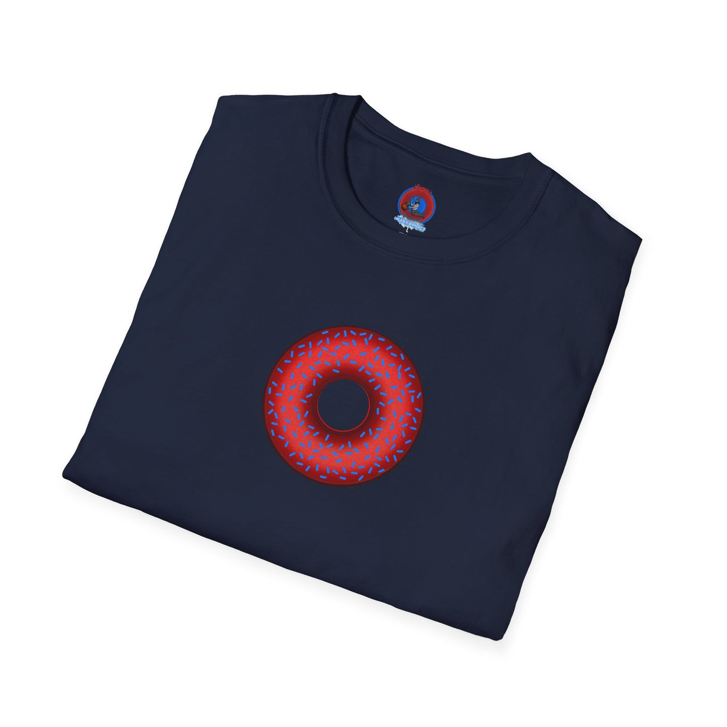 Classic Donut Tee - Unisex Soft-Style - "Plain Plump Donut w/" - plump red donut w/blue sprinkles