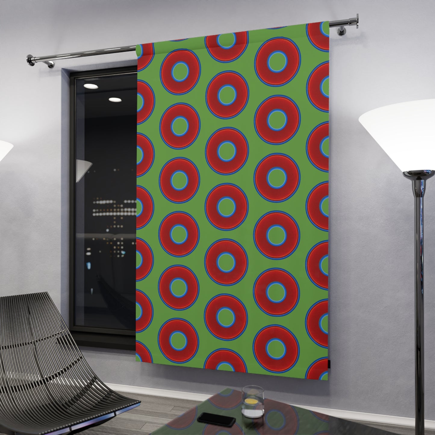 Lump's Heady Curtain w/Donuts - vivid red donut print - w/light green background - [*1 Piece / 50" x 84"]