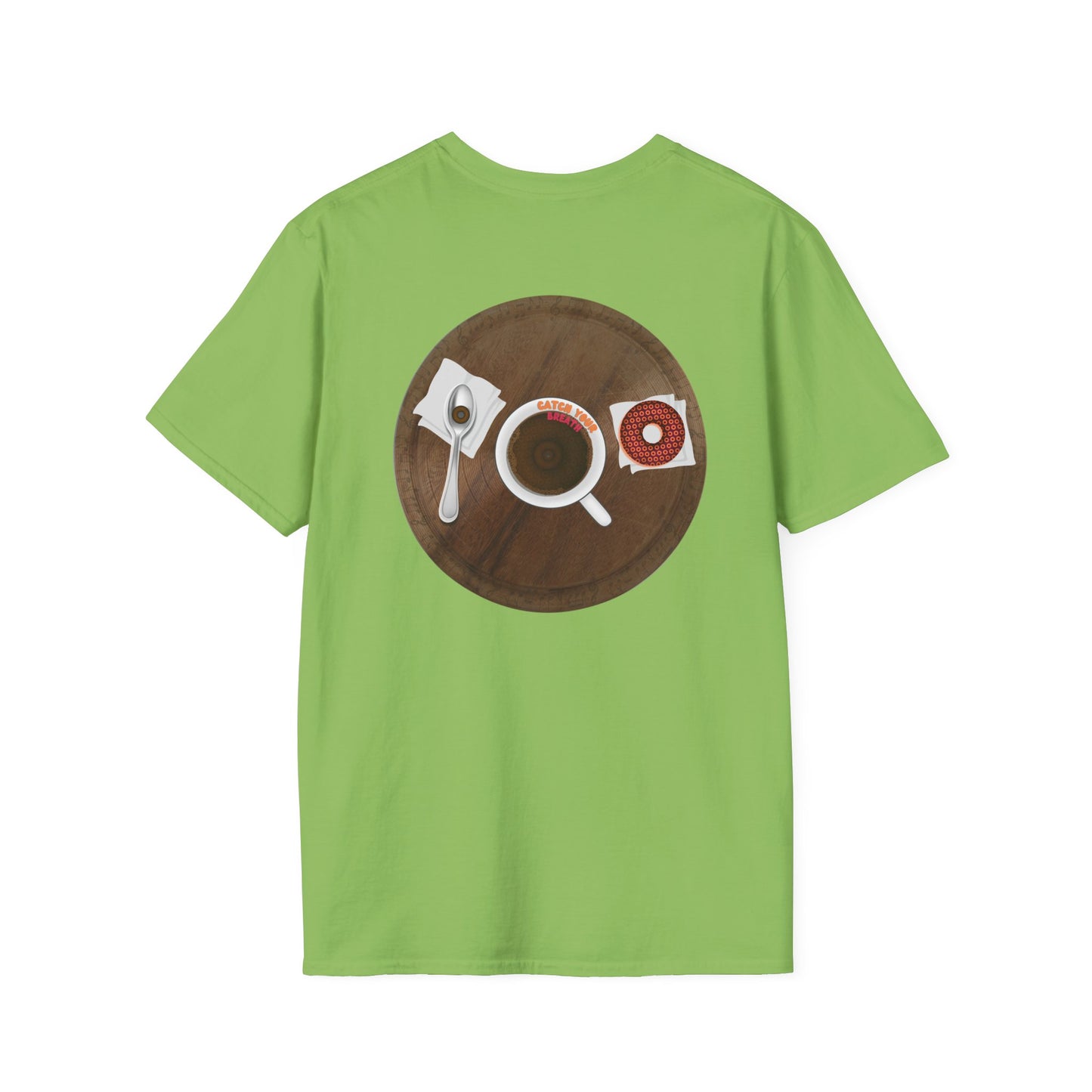 Classic Donut Tee - Unisex Soft-Style - "Coffee With My Donuts" - wooden table donut
