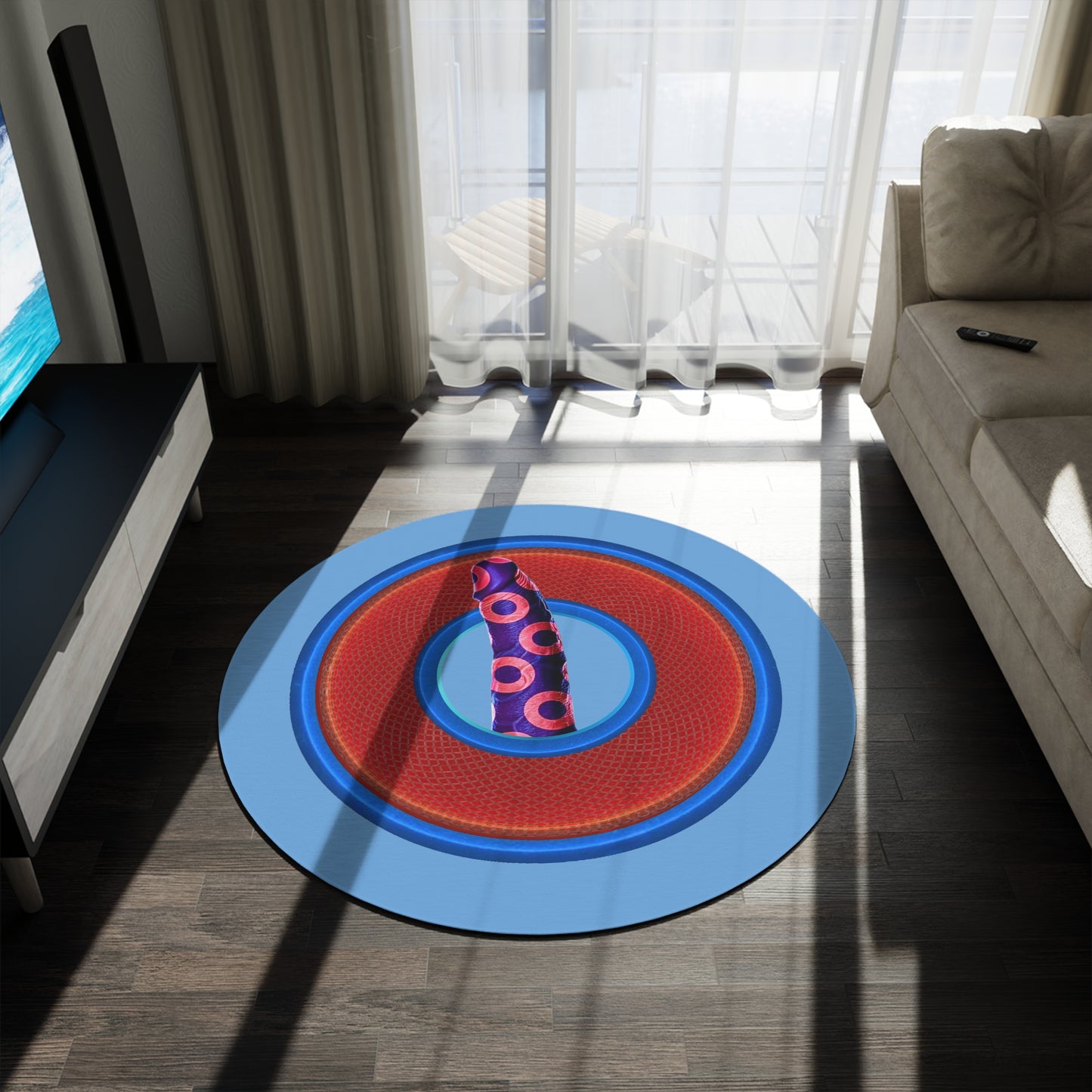 Round Room - 5 ft x 5 ft Lumpy Donut Rug - "Sir Richard's Phamous Donut Rug" - rustic red/blue donut w/light blue background - variant 1