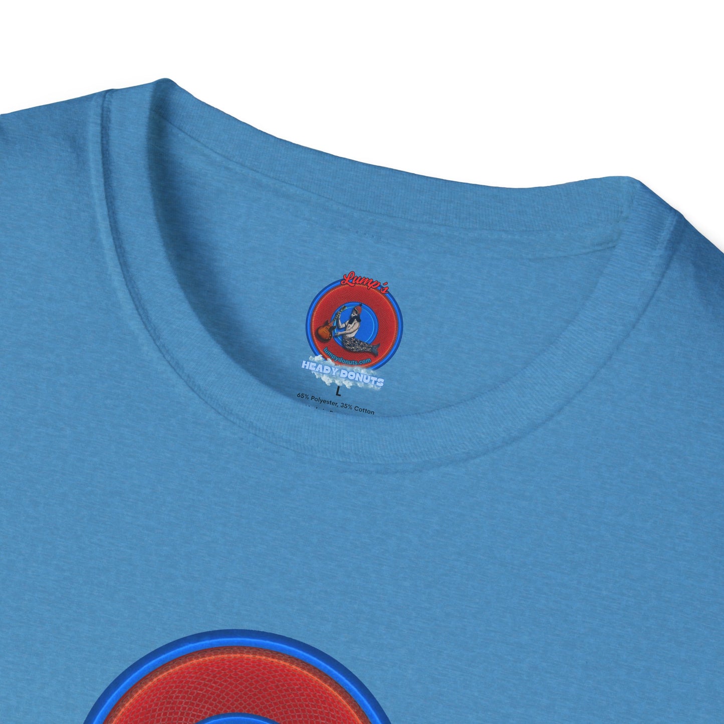 Classic Donut Tee - Unisex Soft-Style - "The Story of the Donut - a Ghostly Good Time" - red/blue rustic donut - variant 1