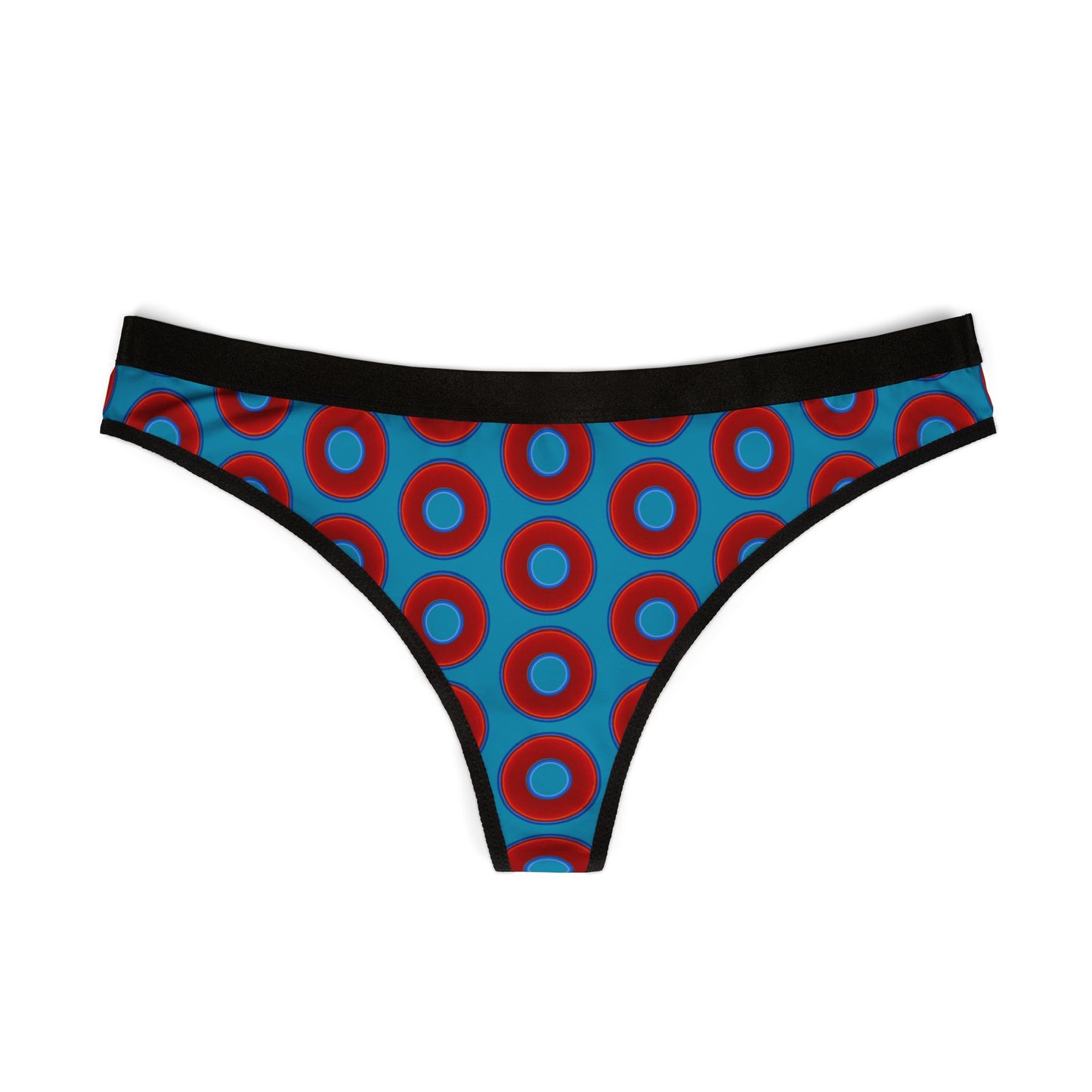 Lumpy Donut Thongs - red vivid donut print w/aquamarine blue background