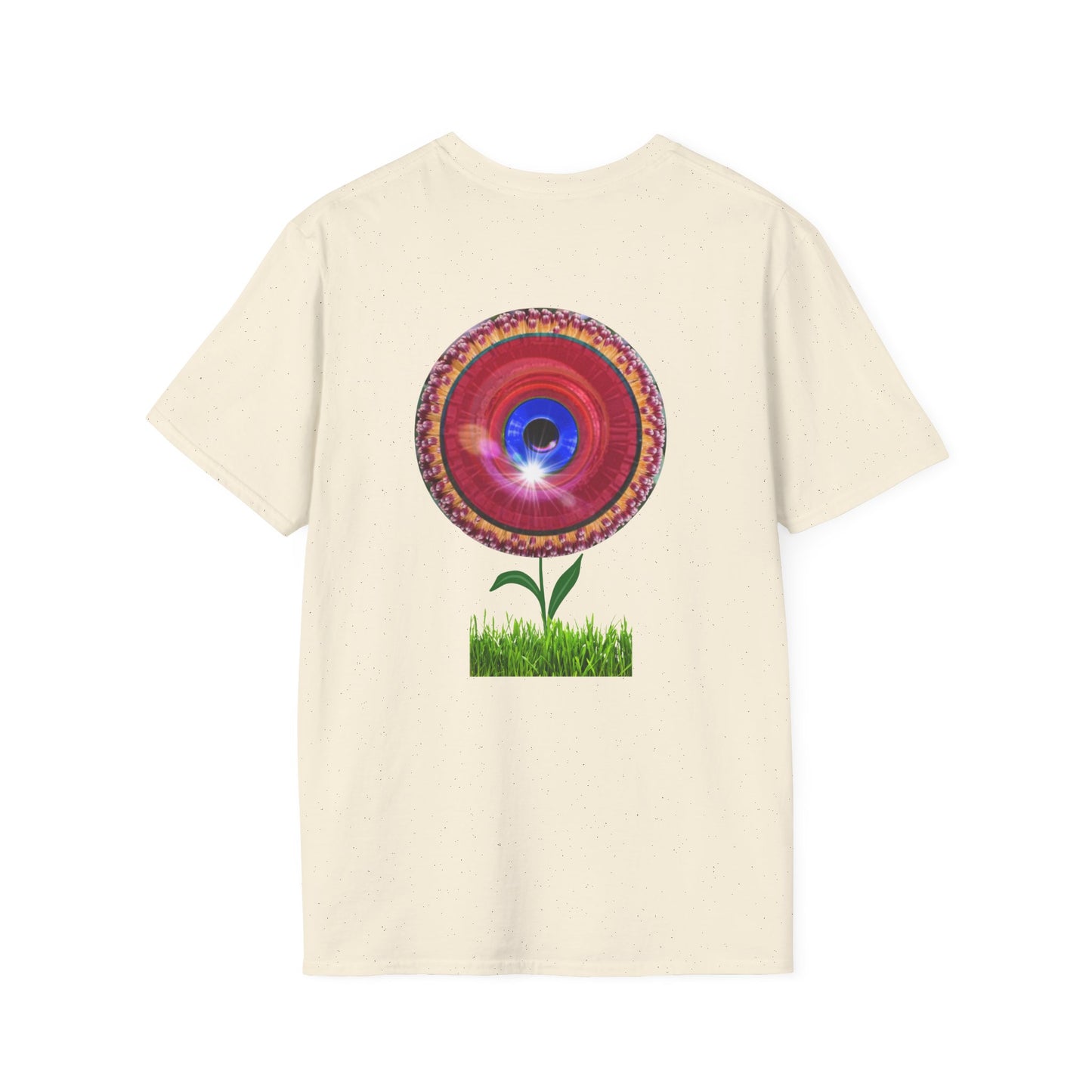 Classic Donut Tee - Unisex Soft-Style - "Smell the Donuts Outside on my Lawn"  " variant 1 - blue donut on red donut/flower