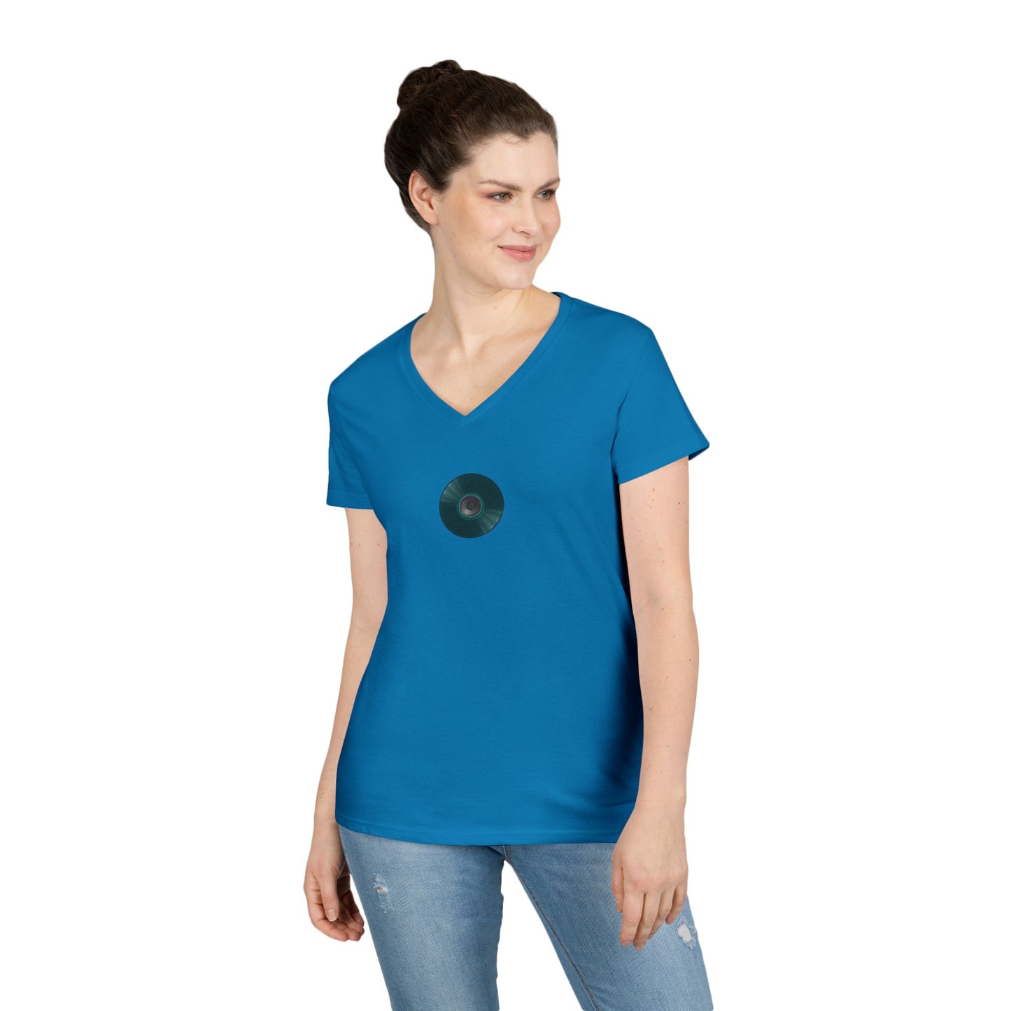 Women's Donut V-Neck Tee - "Speaker Donut" - vivid teal record donut w/