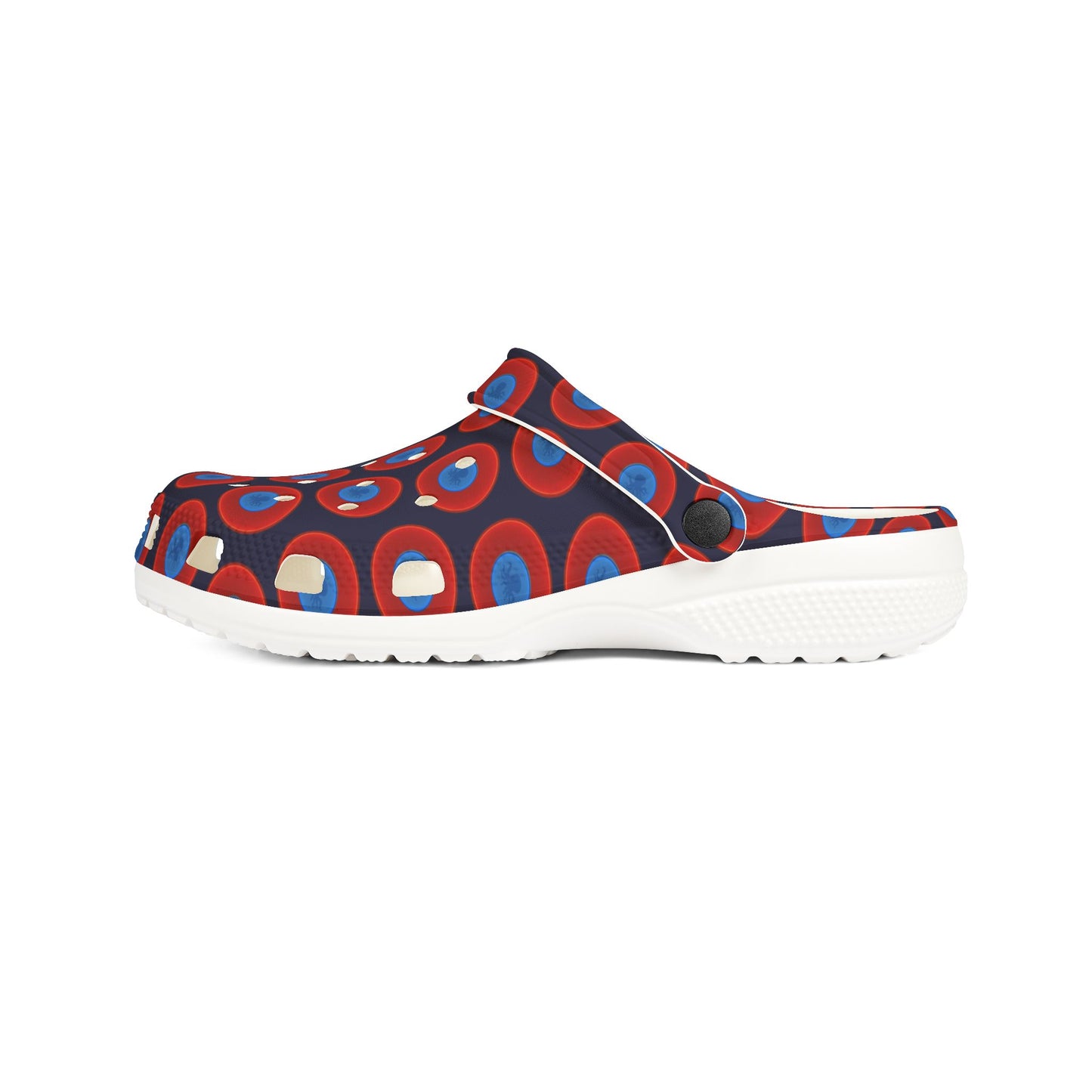 Spatchcocks - donut slip-on shoes - "Roger Moore's Octopussy Donut" - red vivid donuts w/midnight blue background [unisex]
