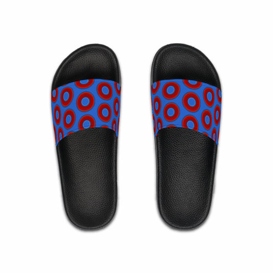 Men's Lumpy Sandals - slip-ons - red vivid donuts w/medium royal blue background