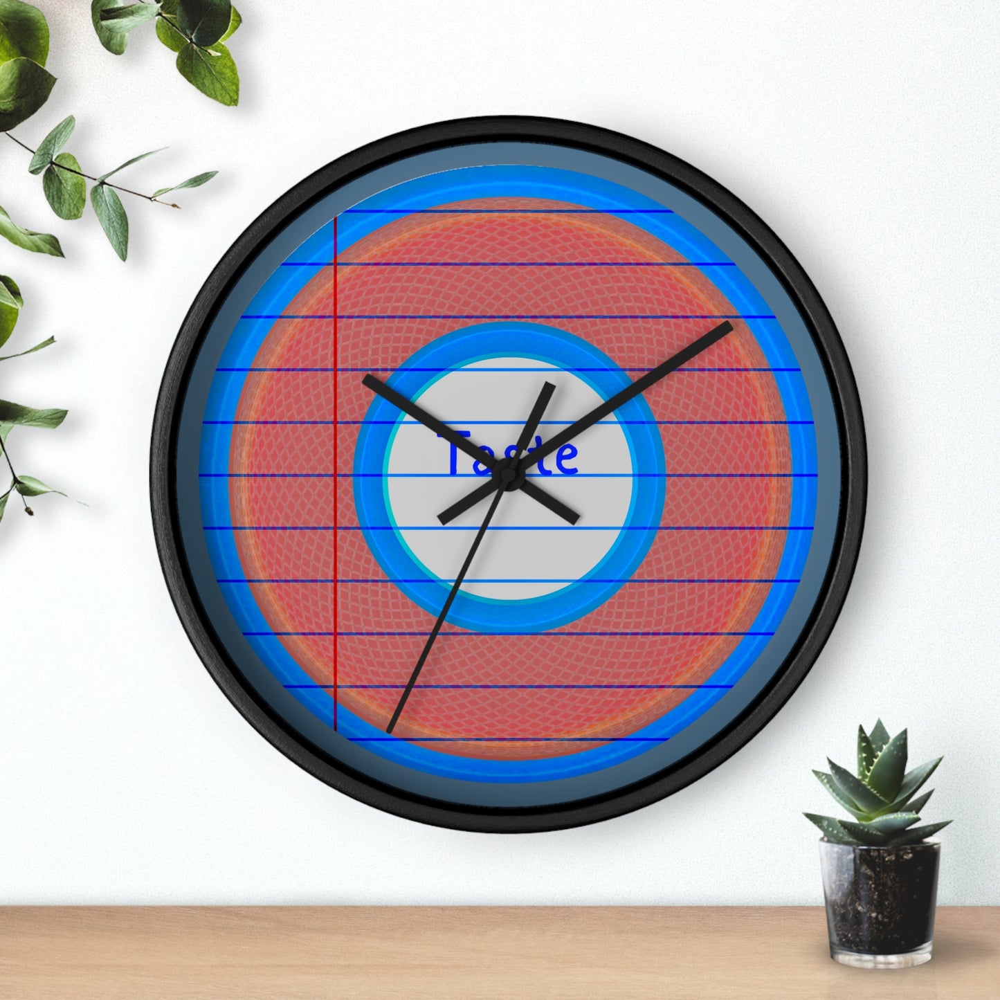 Lumpy Wall Clock - "Tasty Donut Clock" - variant 1 - rustic red donut w/lines/paper & steel blue background