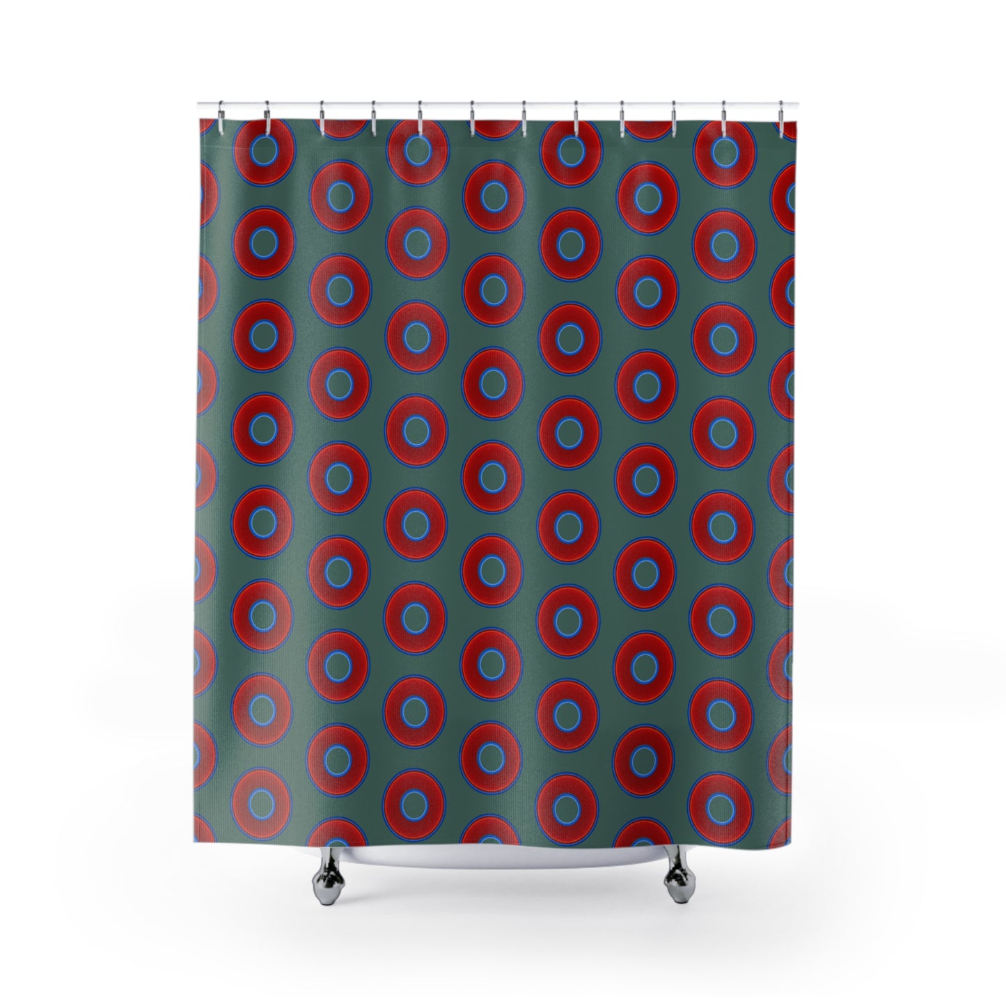 The Curtain With "Donuts" - Lumpy Bath Time Fun - vivid red donuts w/Fenway green background