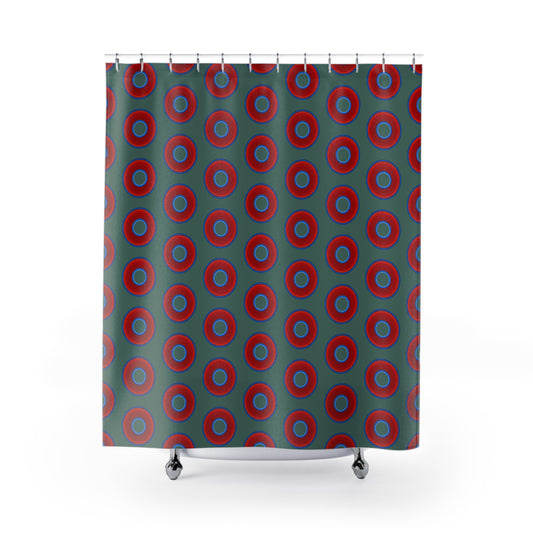 The Curtain With "Donuts" - Lumpy Bath Time Fun - vivid red donuts w/Fenway green background