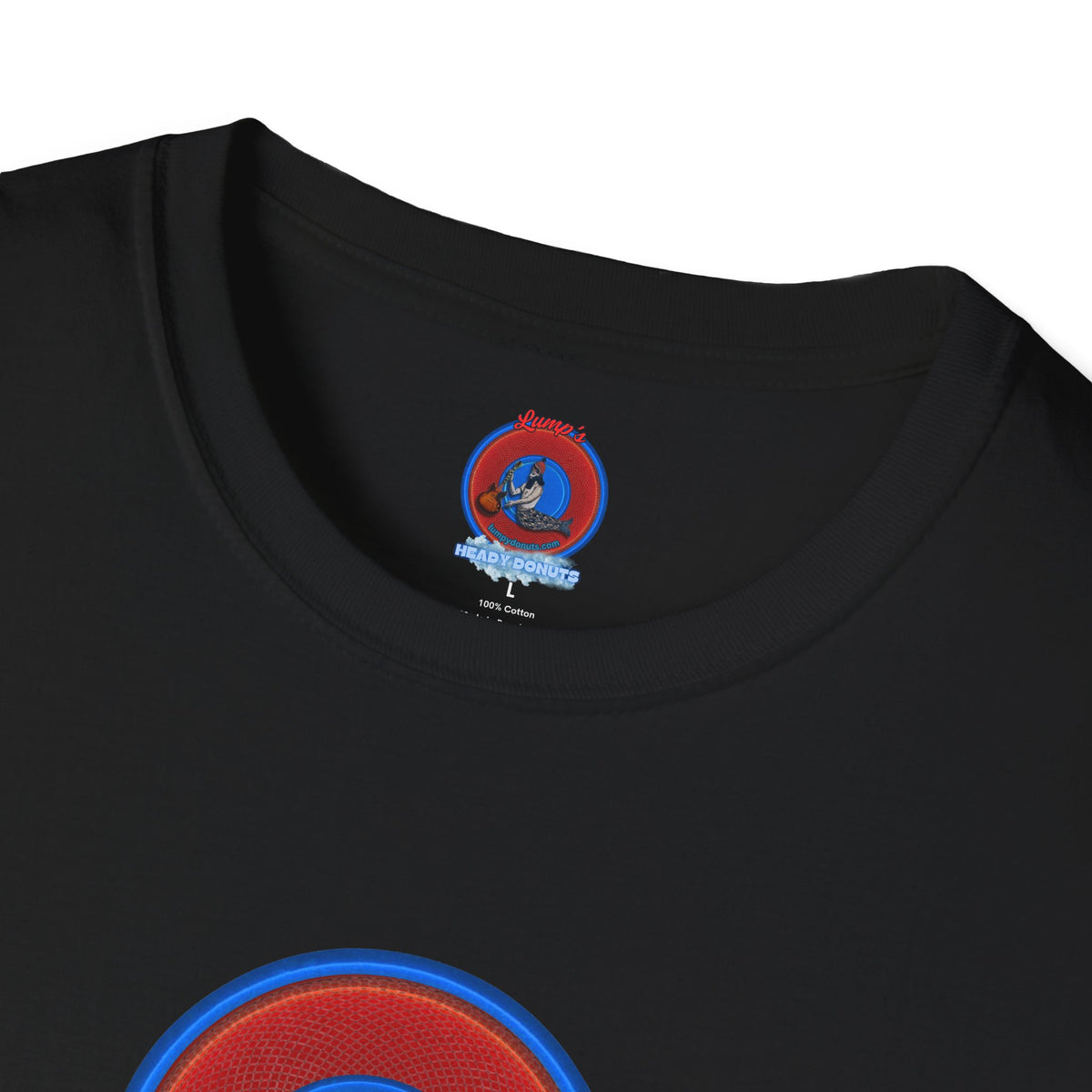 Classic Donut Tee - Unisex Soft-Style - "The Story of the Donut - a Ghostly Good Time" - red/blue rustic donut - variant 1
