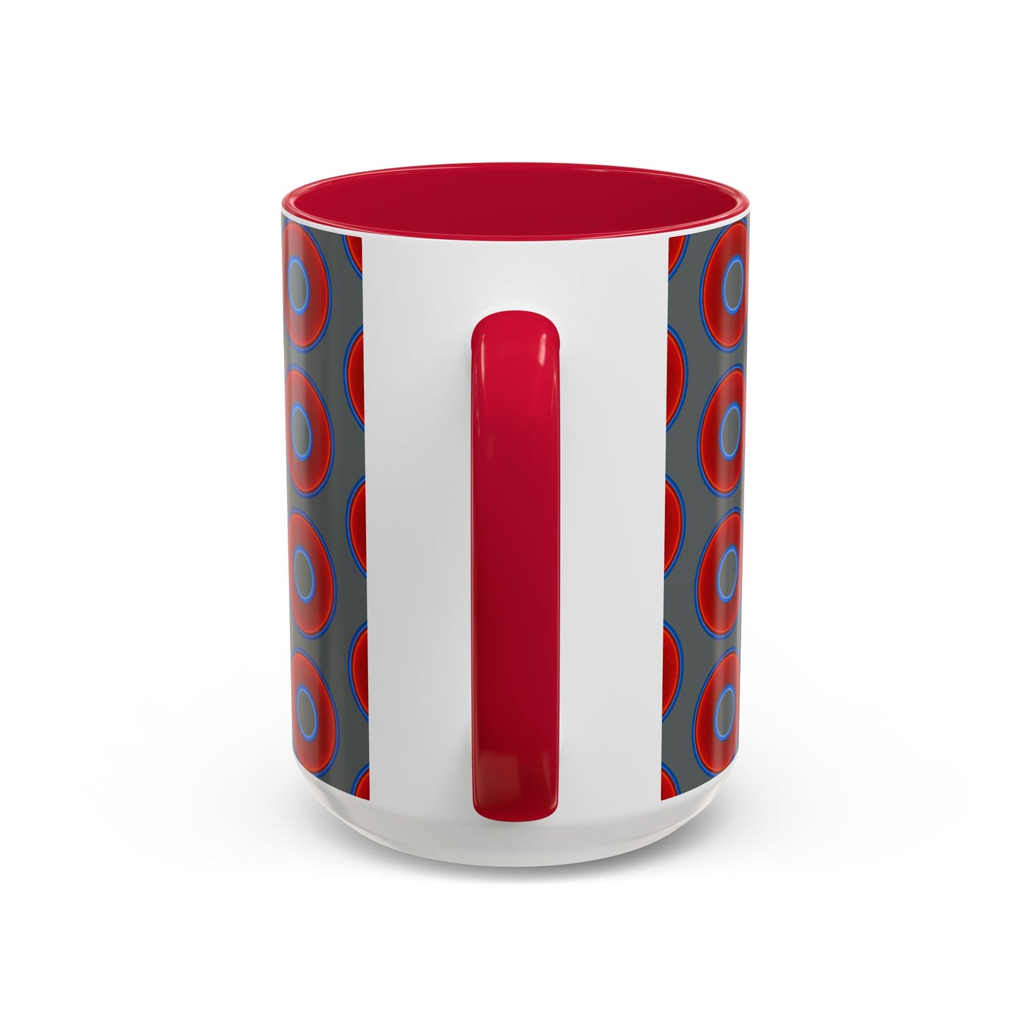 Lump's Grumpy Coffee Mug - vivid red donuts w/dark gray background