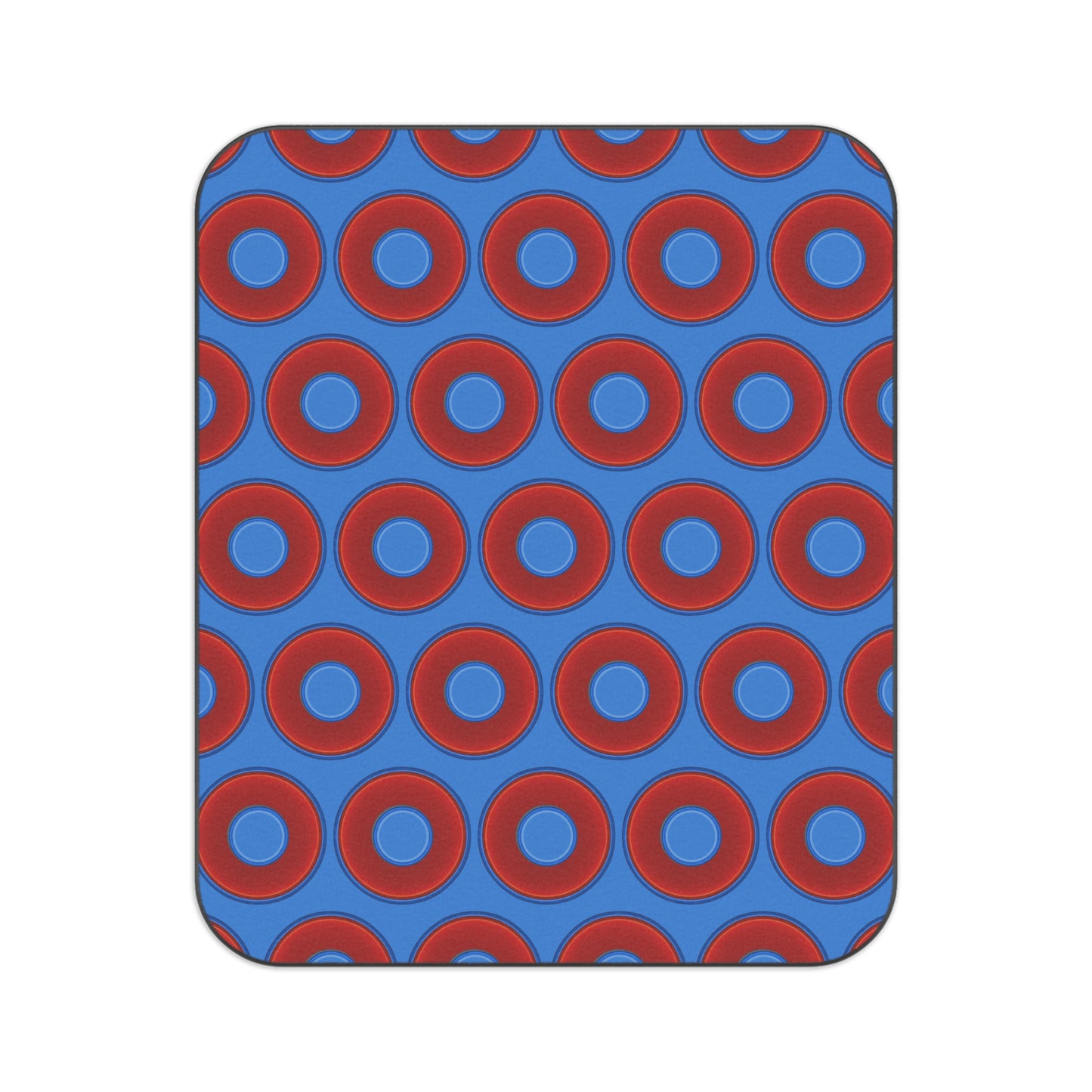 The Lumpy Party Blanket - giant water-resistant outdoor blanket [61" x 51"] - vivid red donuts w/light royal blue background