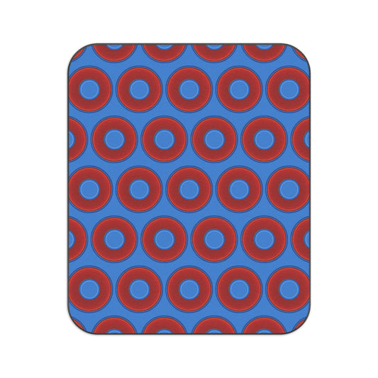 The Lumpy Party Blanket - giant water-resistant outdoor blanket [61" x 51"] - vivid red donuts w/light royal blue background