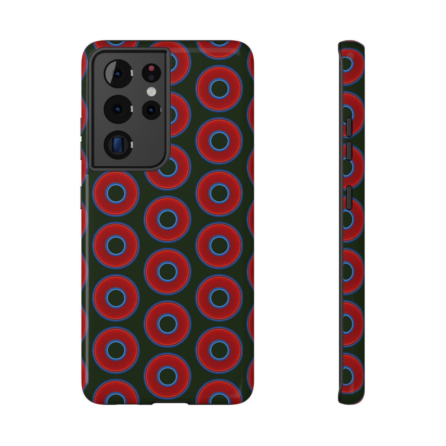 Impact-Resistant Lumpy Donut Case - red vivid donut print w/deep forest green background