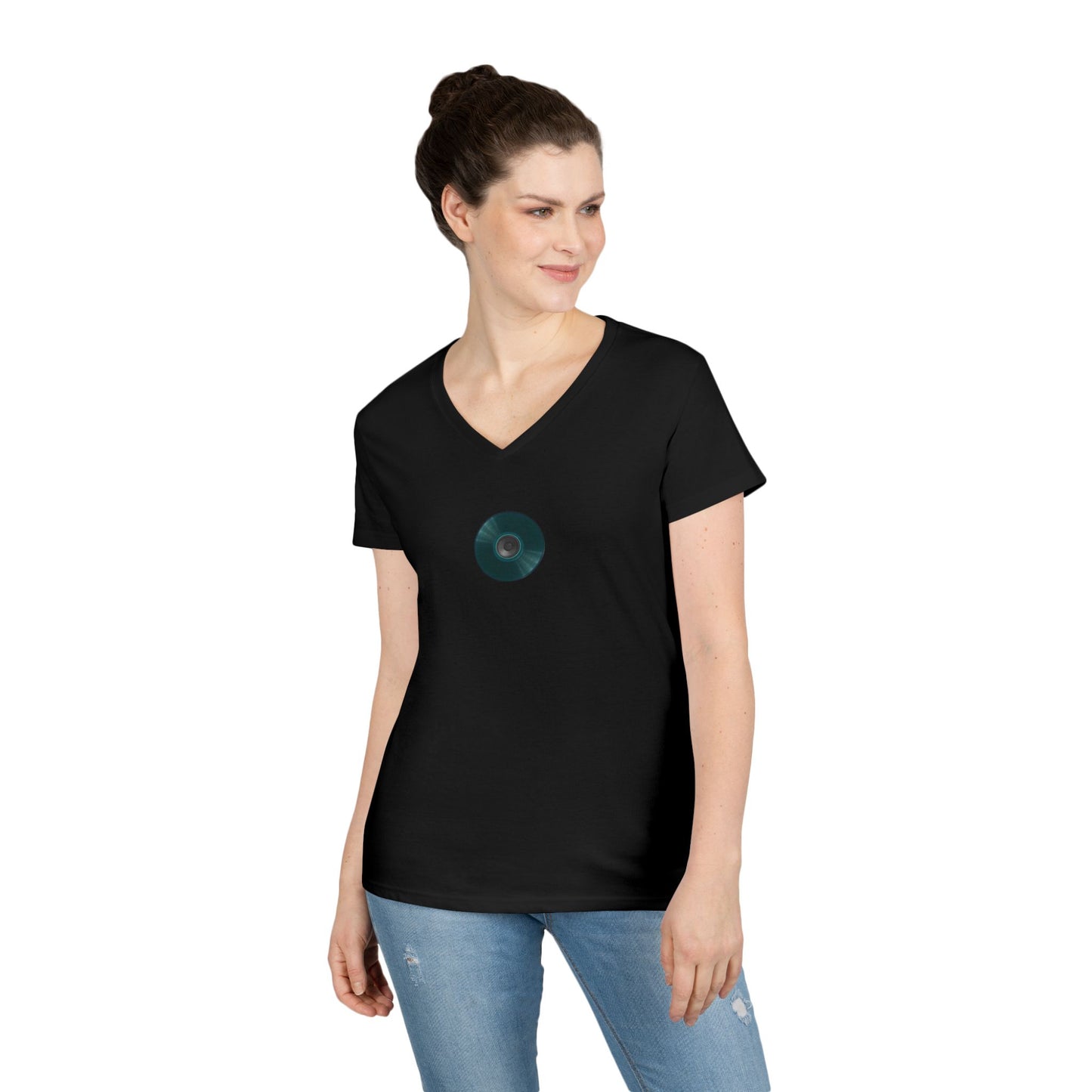 Women's Donut V-Neck Tee - "Speaker Donut" - vivid teal record donut w/
