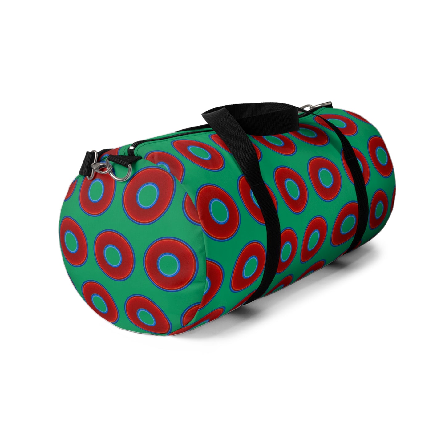 Lumpy Duffel - vivid red donuts w/jade green background