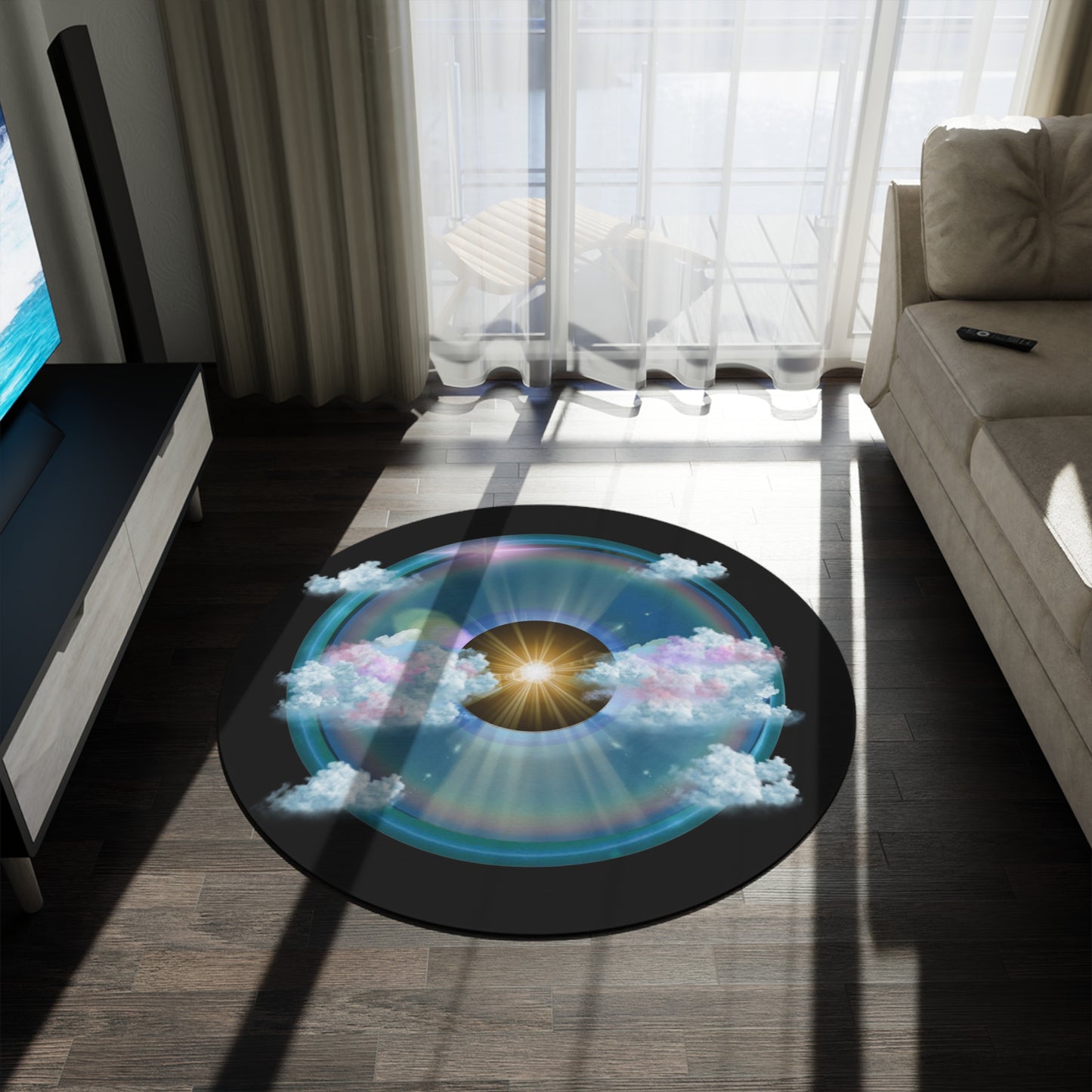 Round Room - 5 ft x 5 ft Lumpy Donut Rug - "The Divided Donut Rug" - vivid sky donut w/black background - variant 2 - [*Charitable Donut]