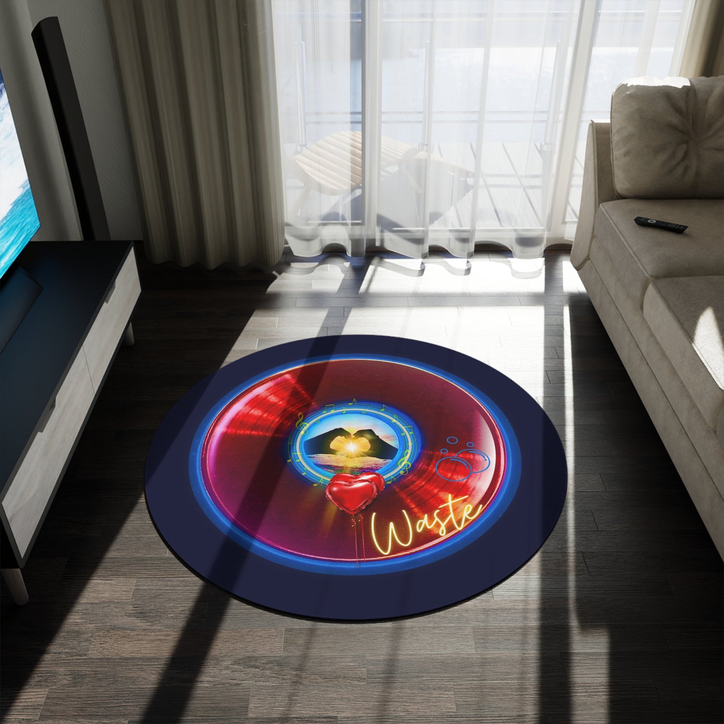 Round Room - 5 ft x 5 ft Lumpy Donut Rug - "Waste of a Perfectly Good Donut Rug" - vivid red donut w/dark navy background - variant 2