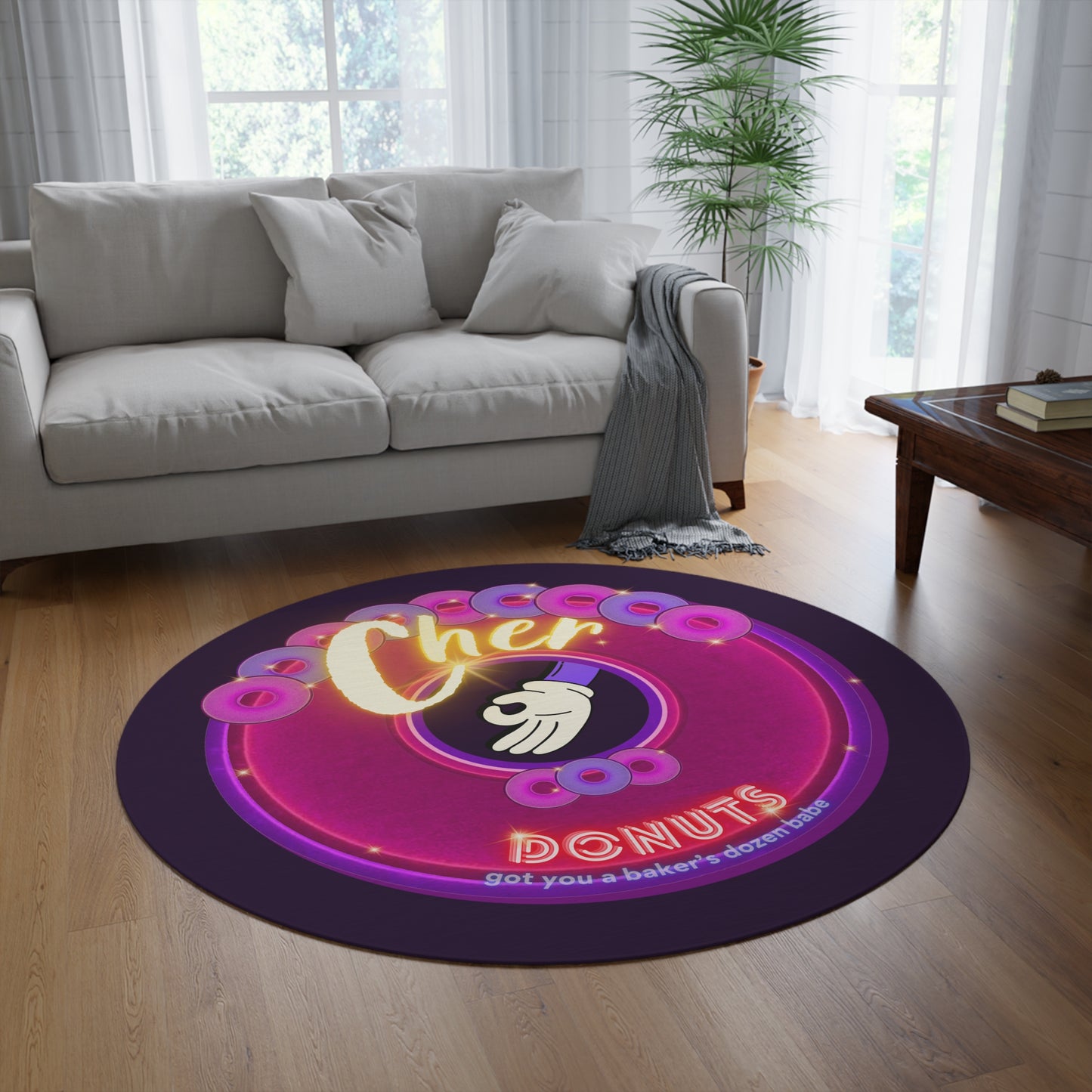 Round Room - 5 ft x 5 ft Lumpy Donut Rug - "Cher-ing is Caring Donut Rug" - vivid magenta donut w/midnight purple background - variant 2 - [*charitable donut]