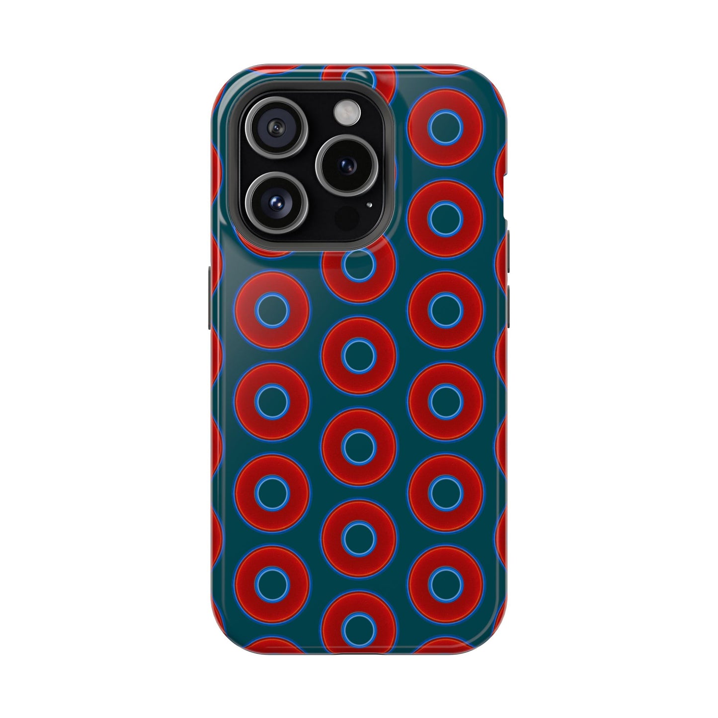 Impact-Resistant Lumpy Donut Case - red vivid donut print w/midnight green background