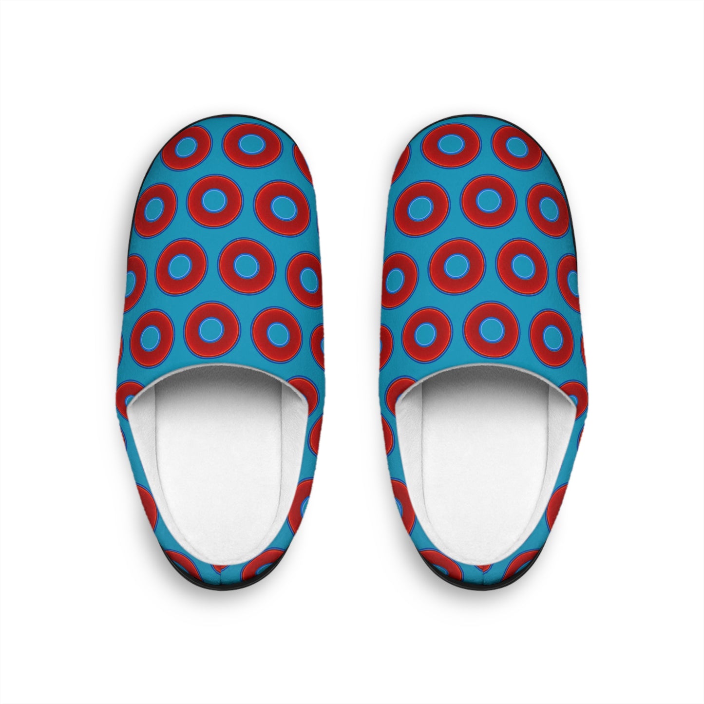Men's Lumpy Slippers - red vivid donut print w/aquamarine blue background