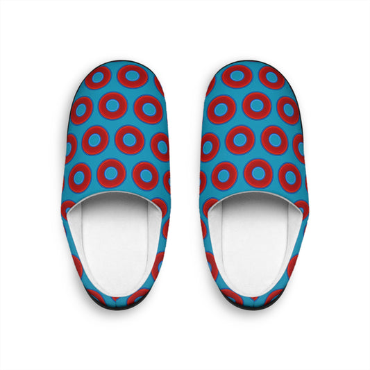 Men's Lumpy Slippers - red vivid donut print w/aquamarine blue background