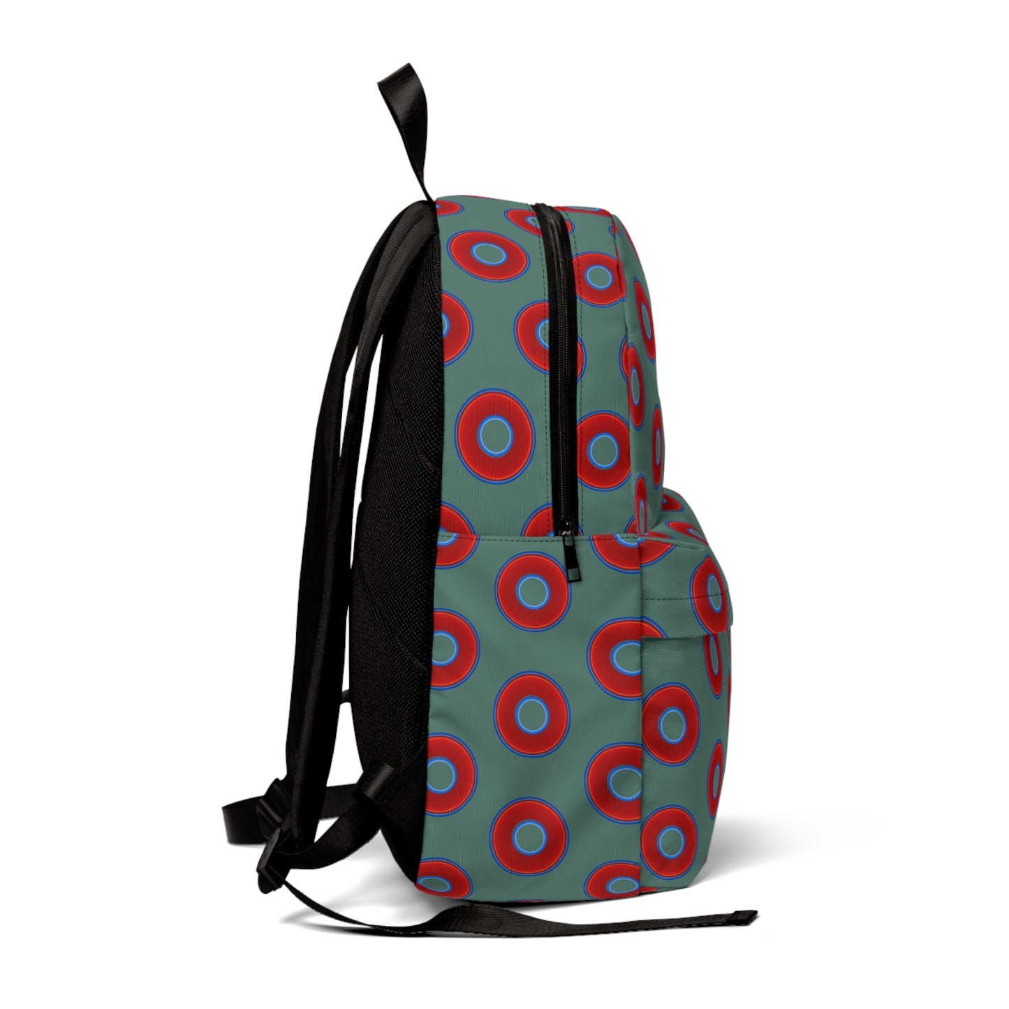 Donut Backpack - red vivid donuts w/Fenway green background