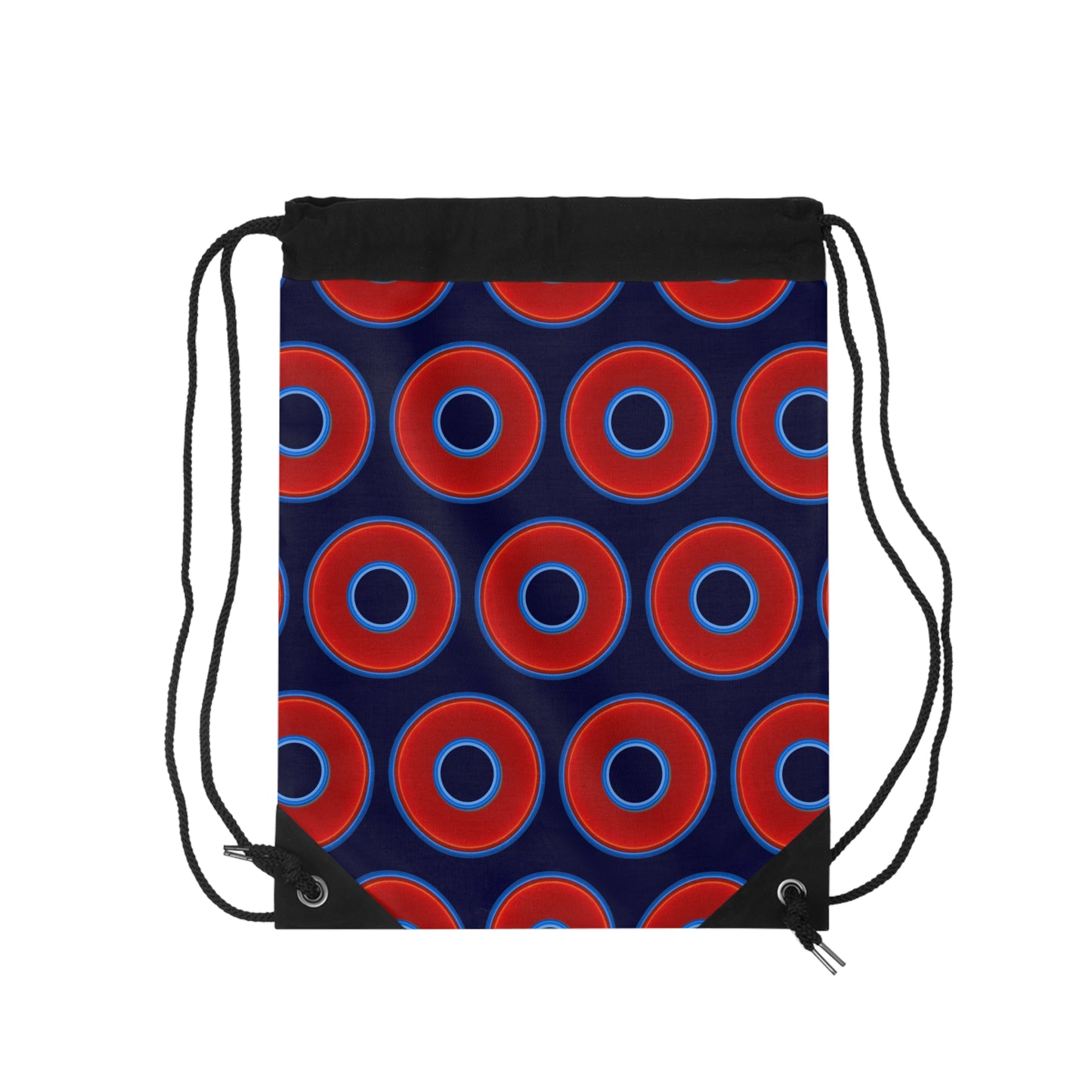 Lumpy Donut Drawstring Bag - red vivid donuts print w/midnight blue background
