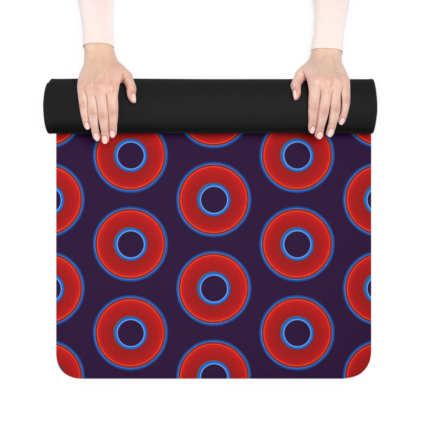 Lumpy Donut Yoga Mat :) - 24″ x 70" - vivid red donut print w/midnight purple background