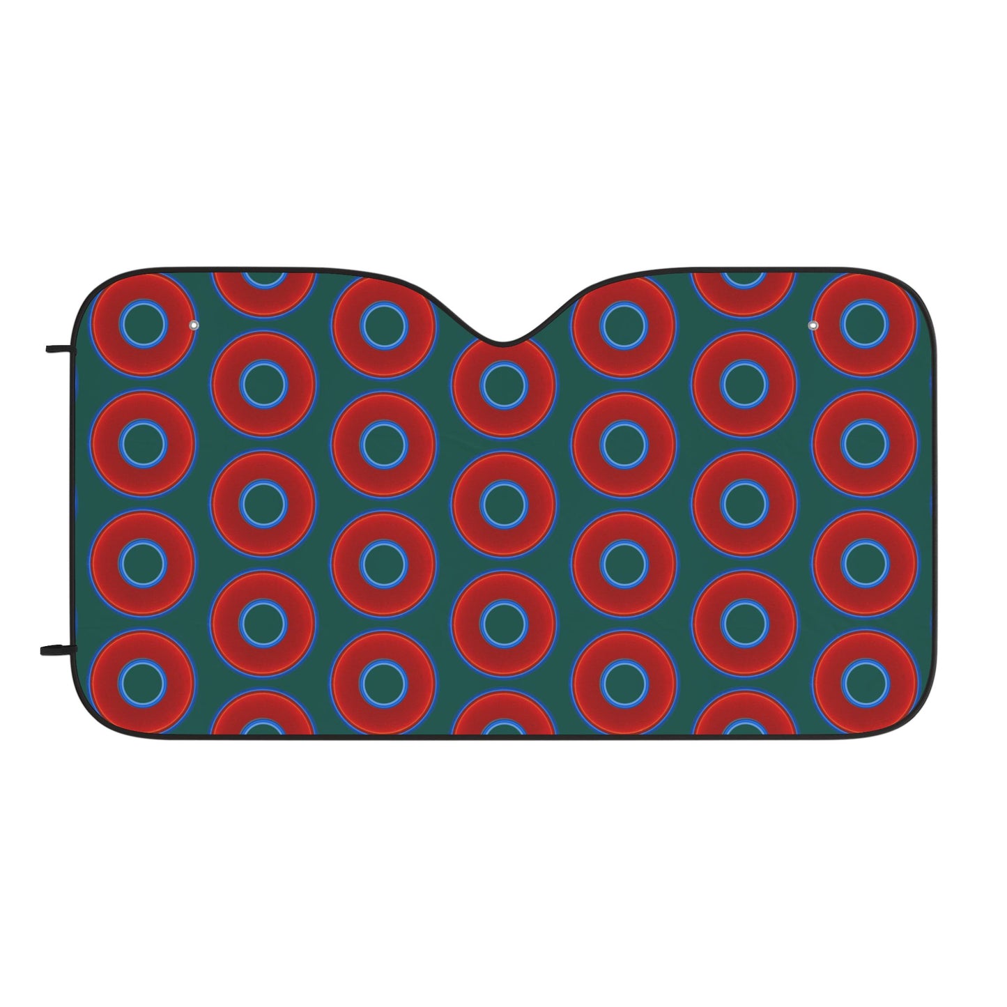 Automotive Donut Sun Shade - red vivid donuts w/dark Fenway green background