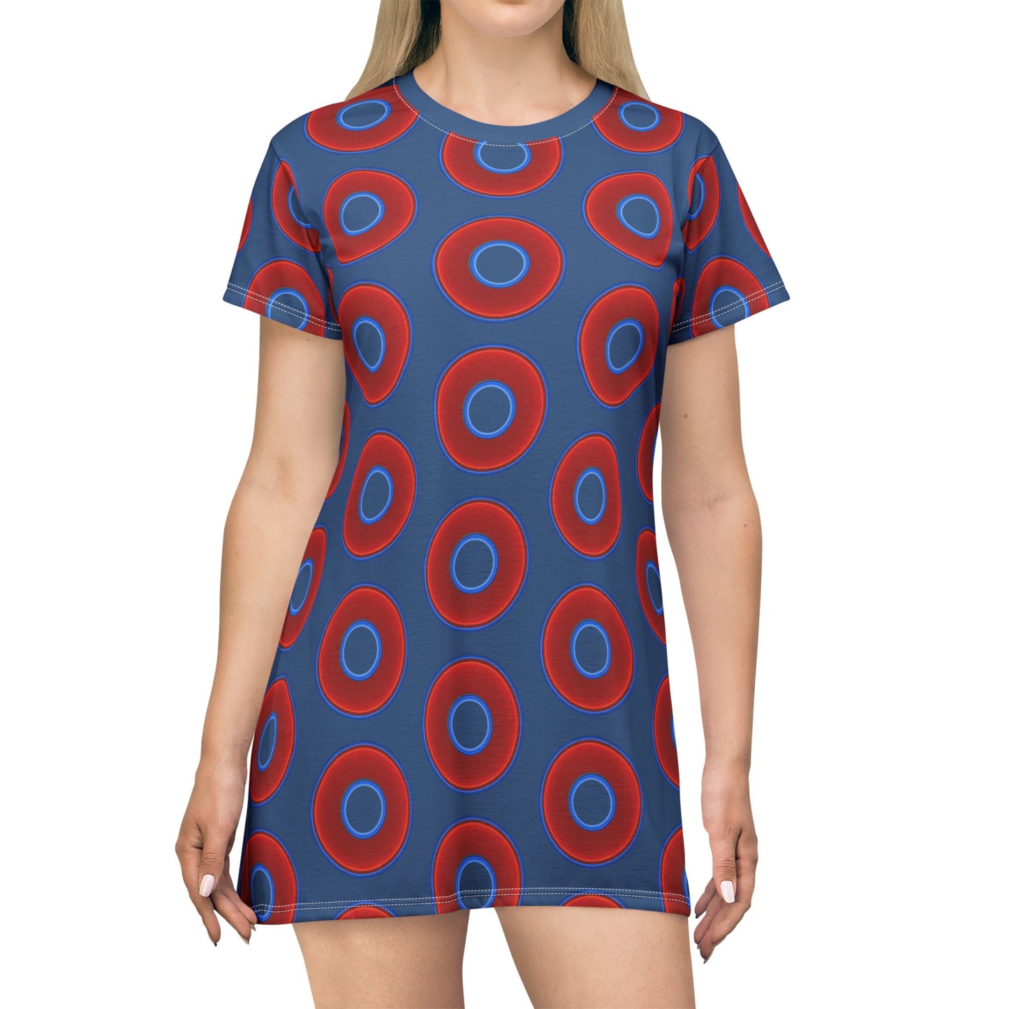 Not a Muumuu AOP Tee Shirt Dress - red vivid donuts w/light navy blue background