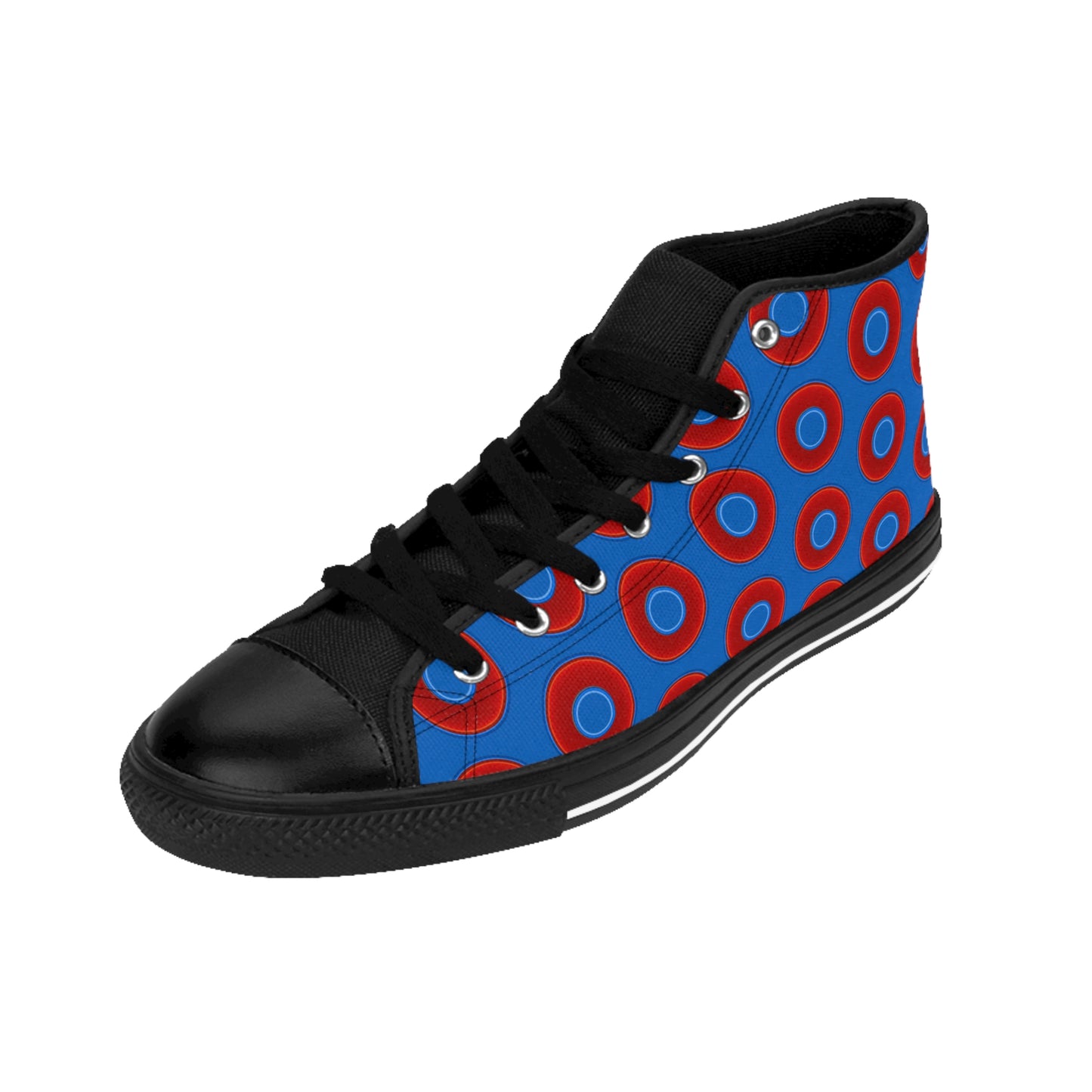 Cushiony Convectors - High Tops - red vivid donuts w/dark royal blue background