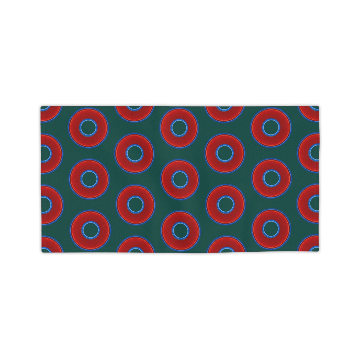 Lumpy Donut Towels - vivid red donuts w/dark Fenway green background