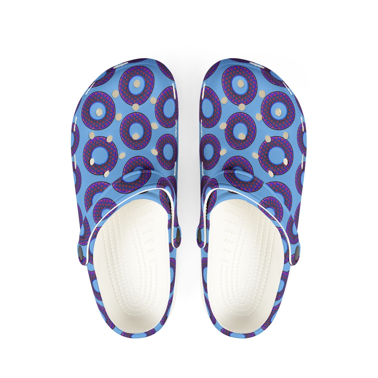 Spatchcocks - donut slip-on shoes - paradoxical weathered blue/red donuts w/light blue background [unisex]