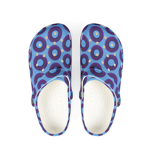 Spatchcocks - donut slip-on shoes - paradoxical weathered blue/red donuts w/light blue background [unisex]